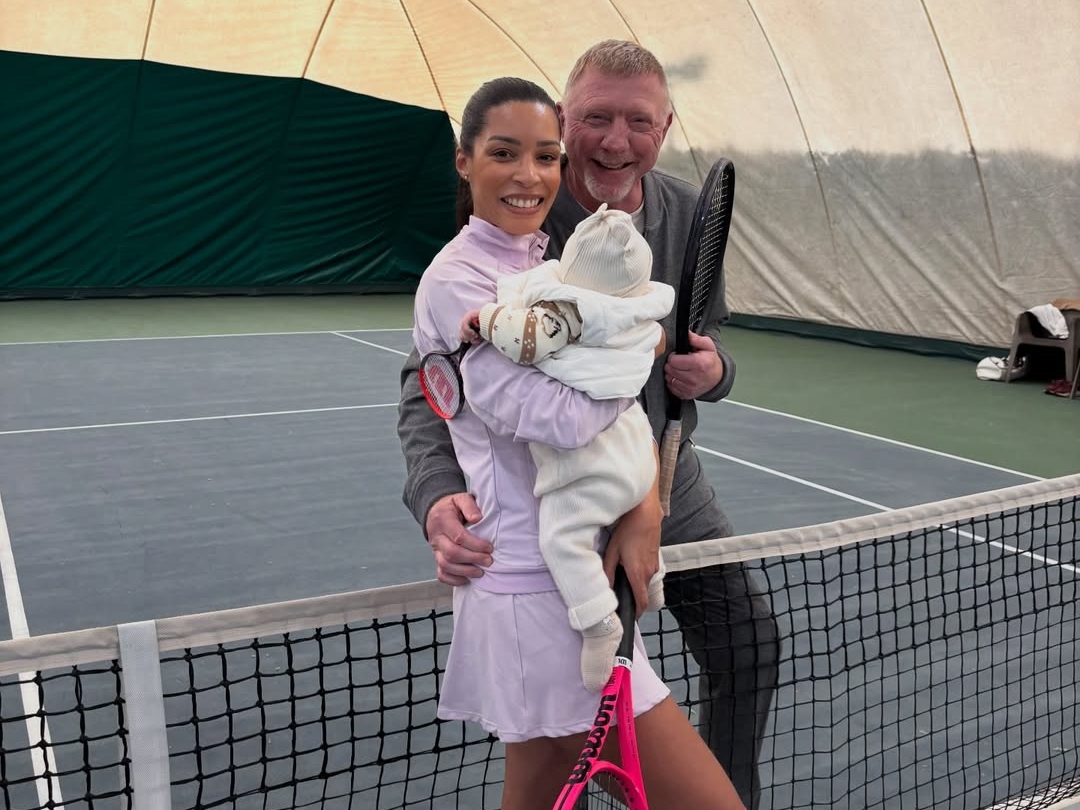 Becker s tromjesečnom bebom trenira na teniskom terenu