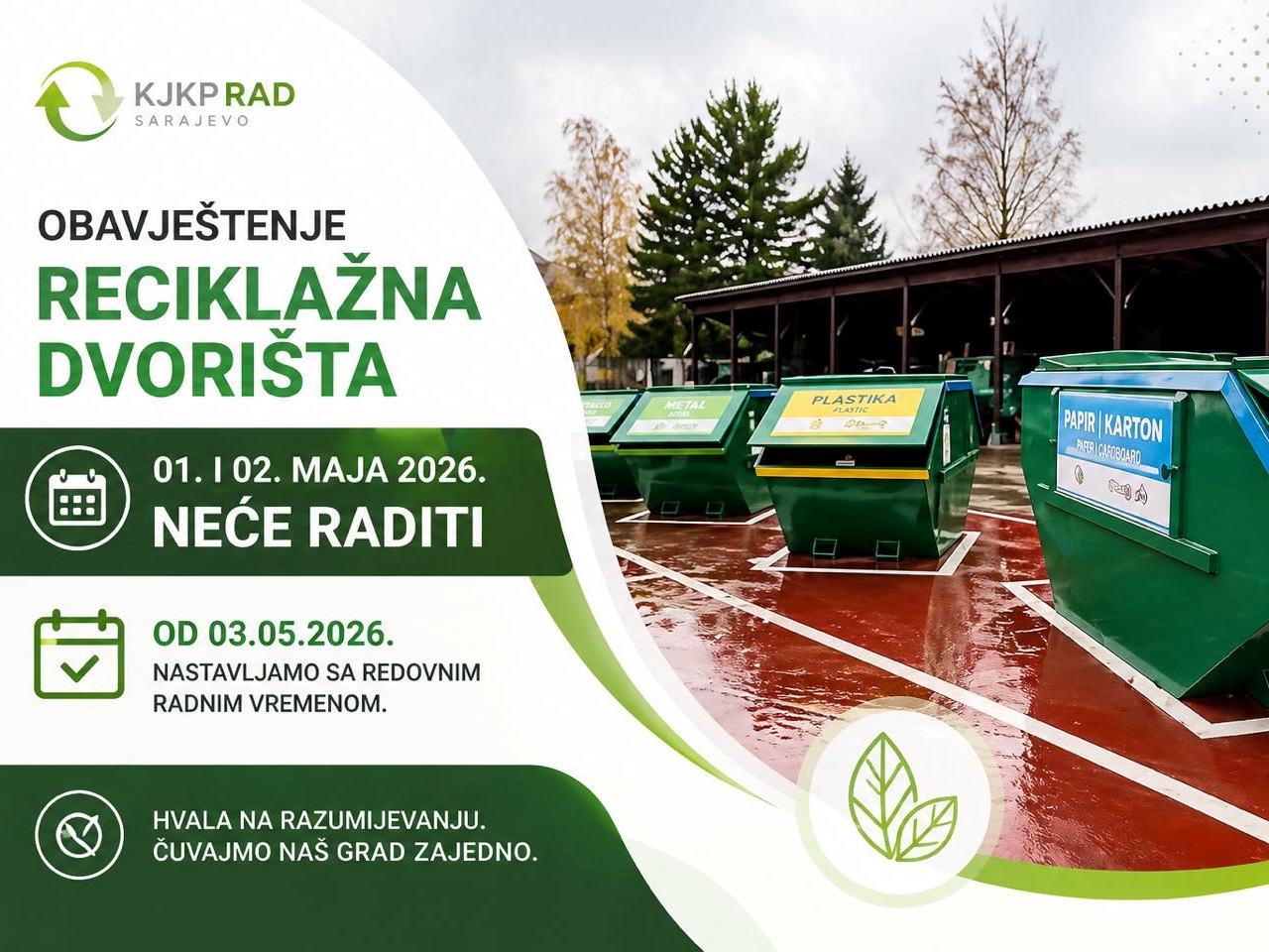 Pauza za praznike: Reciklažna dvorišta u Sarajevu ne rade 1. i 2. maja