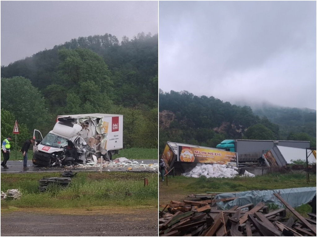 Težak sudar dva kamiona kod Doboja, saobraćaj potpuno obustavljen